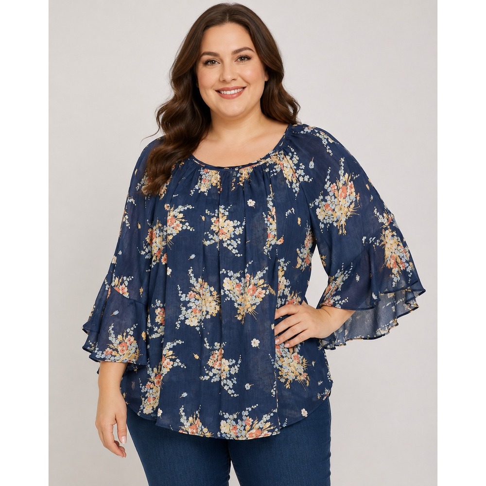 Chaps 2X Blue Floral Bell Sleeve Peasant Blouse Plus‎ Size Boho Flowy Top